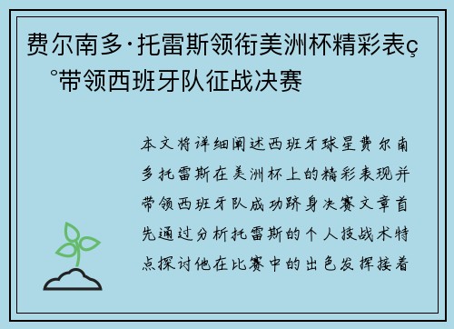 费尔南多·托雷斯领衔美洲杯精彩表现带领西班牙队征战决赛